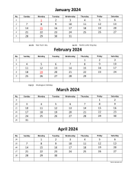 Printable Calendar 2024, 4 months per page, 3 pages (vertical)