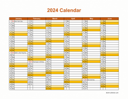 Printable Calendar 2024, month in a column (two pages, half a year per page, horizontal)