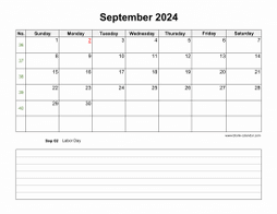 September 2024 Blank Calendar (horizontal, space for notes)