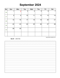 September 2024 Blank Calendar (vertical, space for notes)