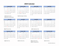 Blank Calendar 2024 (US Holidays, one page, horizontal)