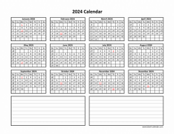 Blank Calendar 2024 (one page, horizontal, space for notes)