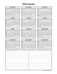 Blank Calendar 2024 (one page, vertical, space for notes)