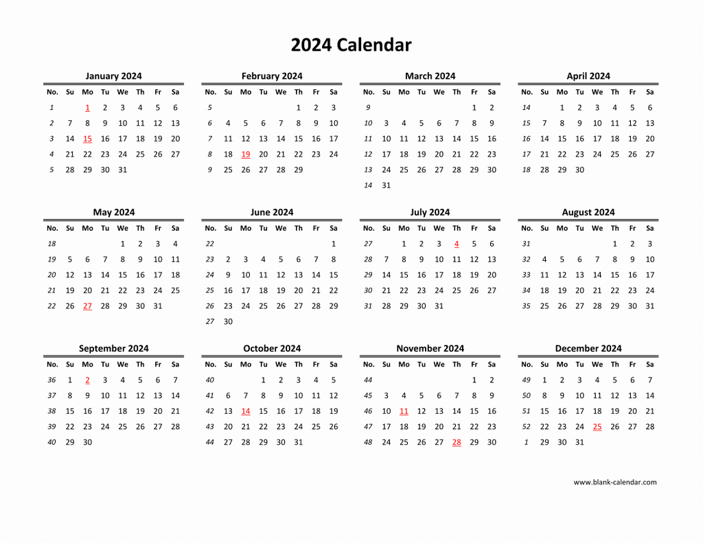 Monday 2024 Calendar Horizontal