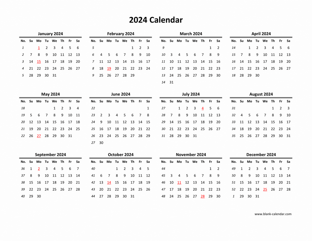 2024 Yearly Calendar