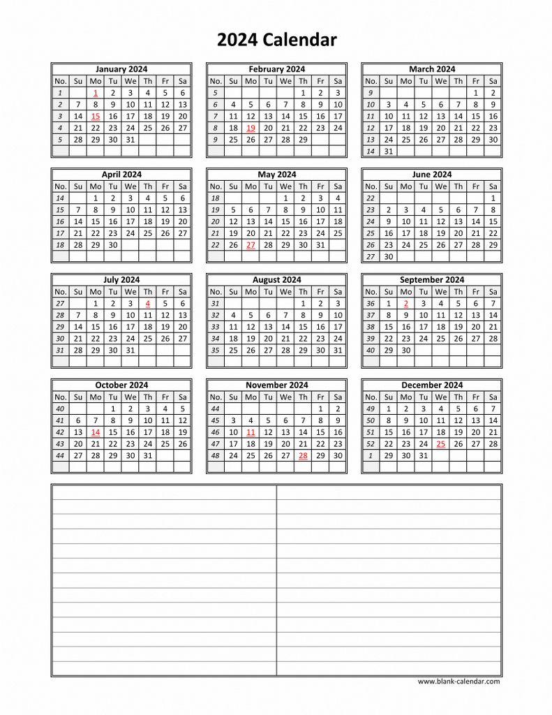 Printable Yearly Calendar 2024 With Notesheet Moyra Tiffany