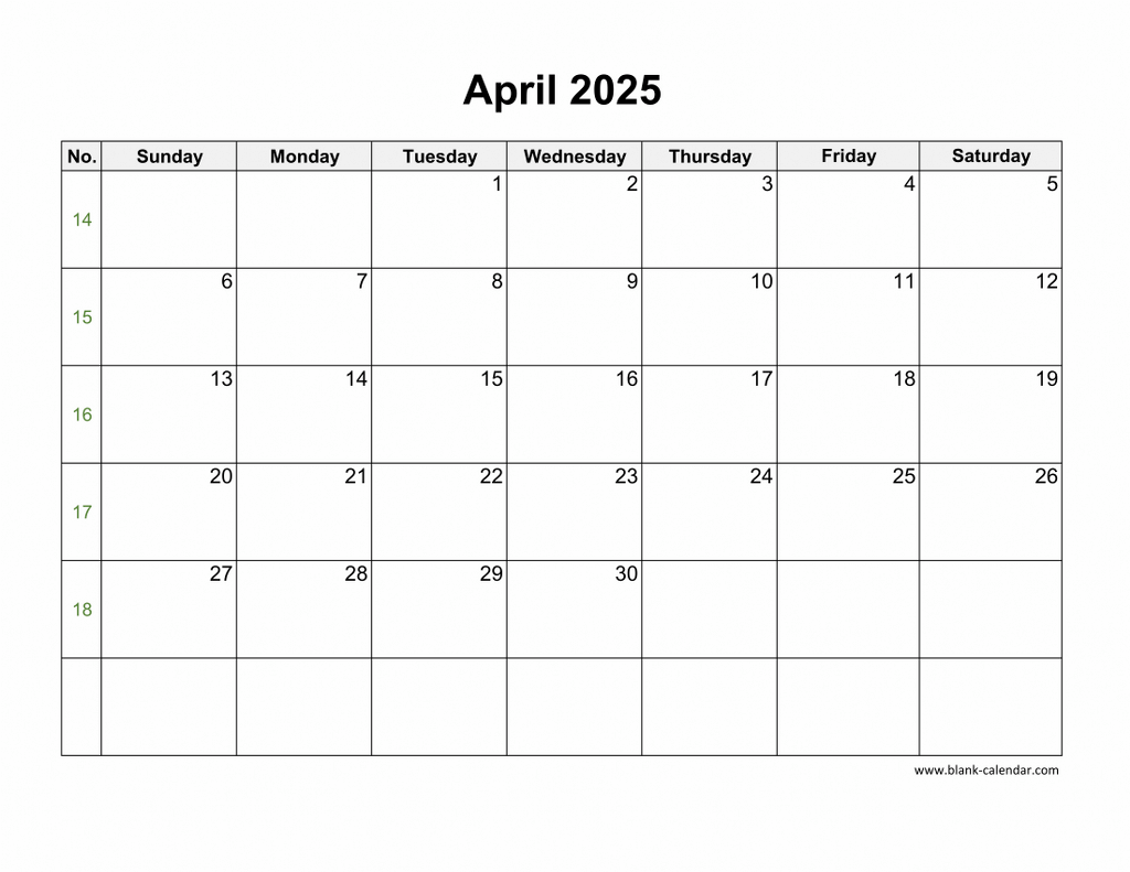 Download April 2025 Blank Calendar horizontal 