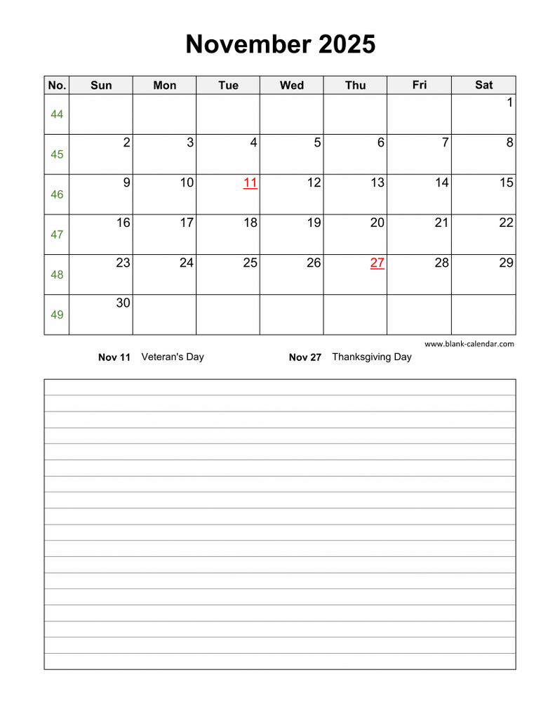 Download November 2025 Blank Calendar with Space for Notes (vertical)