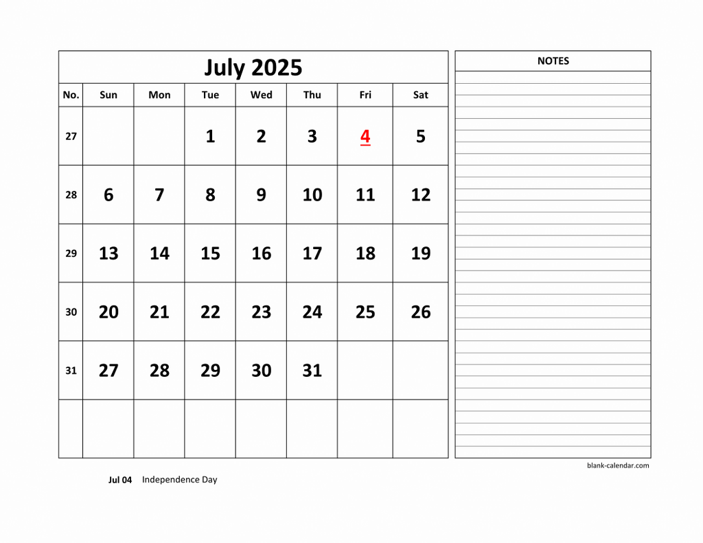 Free Download Printable July 2025 Calendar, large space for appointment and notes