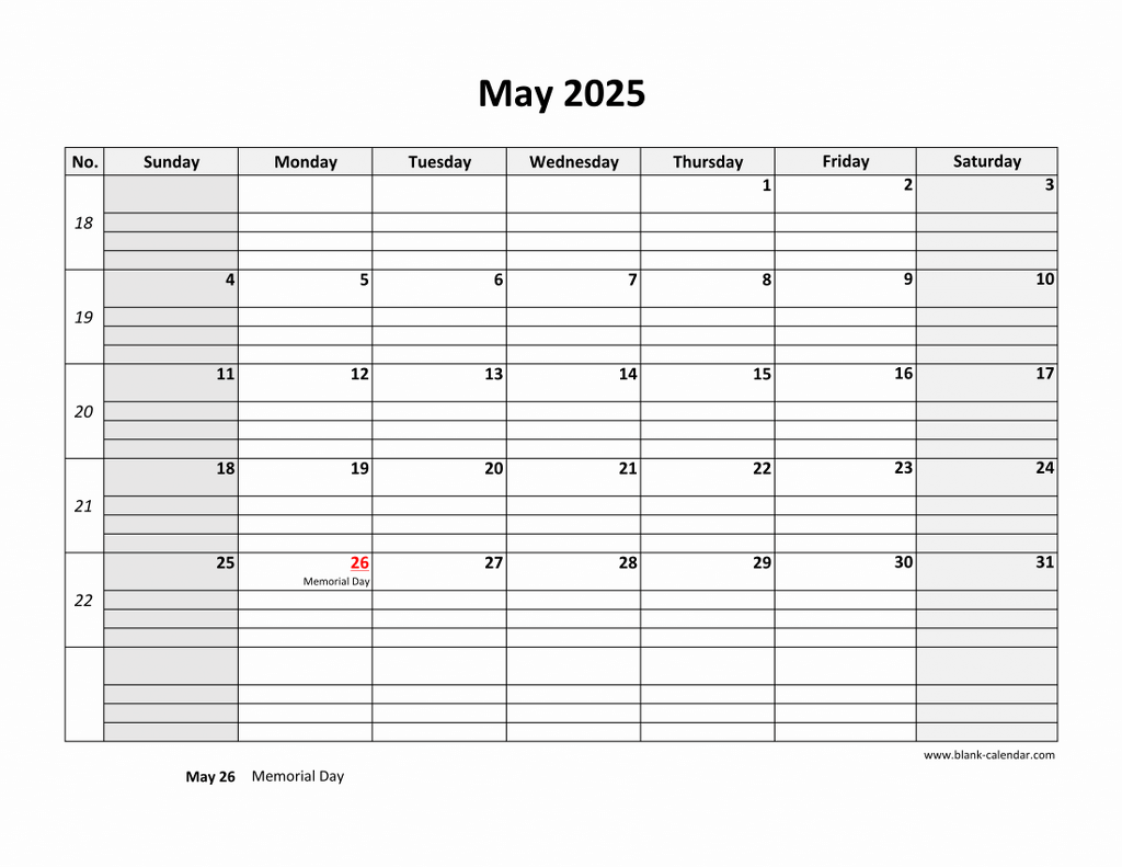 Free Download Printable May 2025 Calendar, large box grid, space for notes