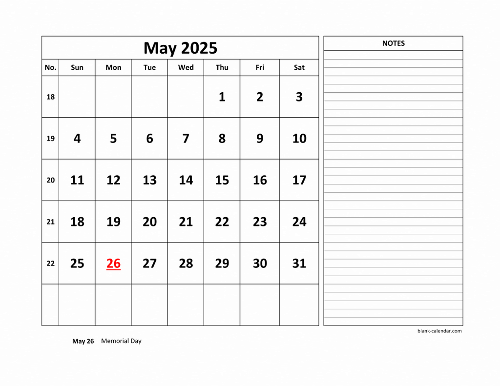 Free Download Printable May 2025 Calendar, large space for appointment and notes