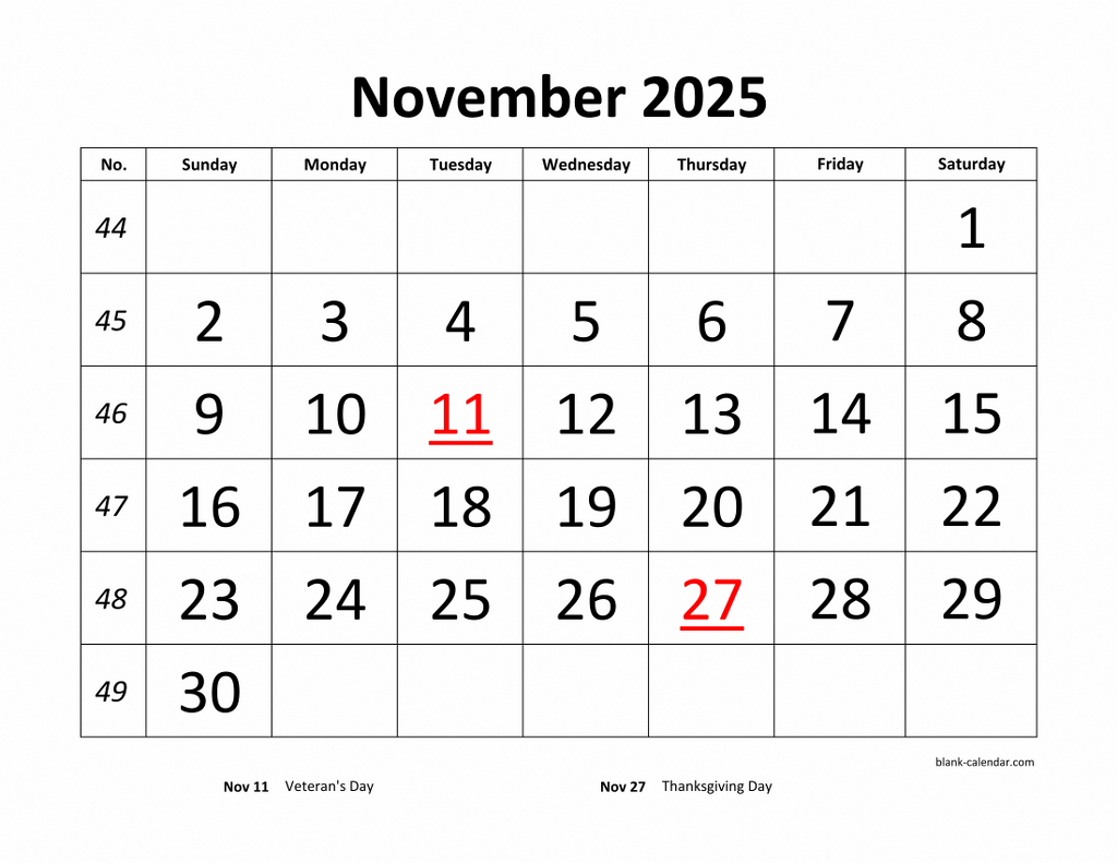 Free Download Printable November 2025 Calendar, large font design , holidays on red