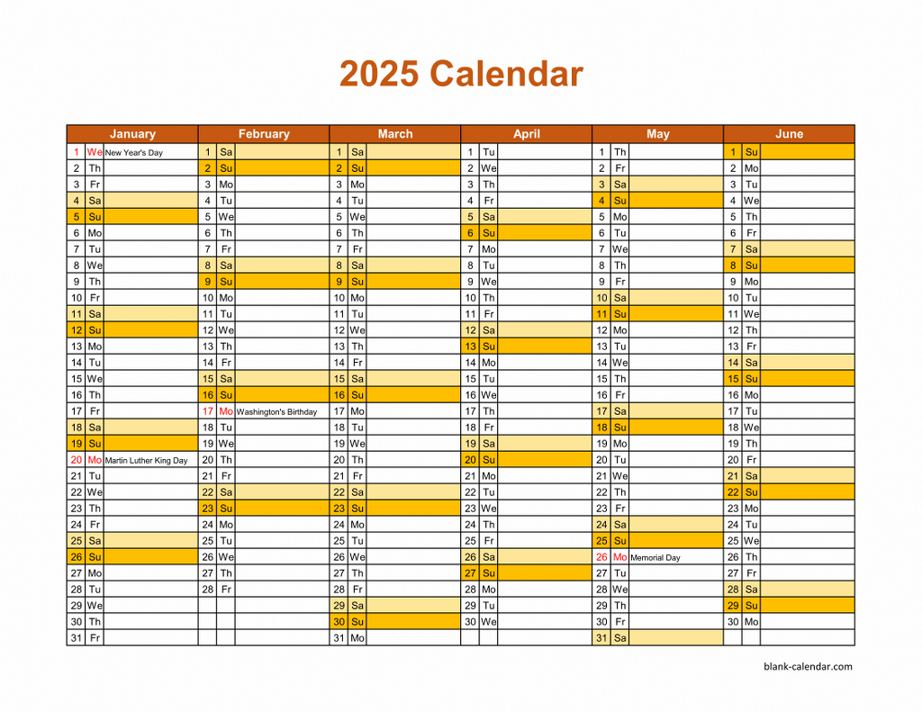 Free Download Printable Calendar 2025, month in a column, half a year per page