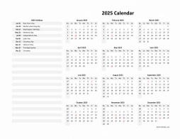 Yearly 2025 calendar with US holidays on the left