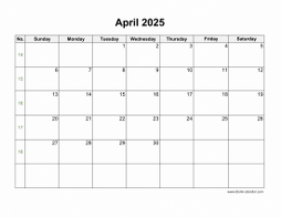 April 2025 Blank Calendar (horizontal)