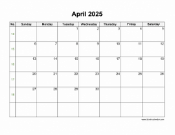 April 2025 Blank Calendar with US Holidays (horizontal)