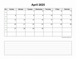 April 2025 Blank Calendar (horizontal, space for notes)