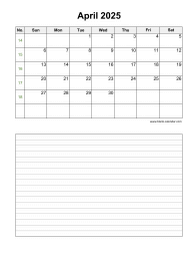 April 2025 Blank Calendar (vertical, space for notes)