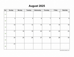 August 2025 Blank Calendar with US Holidays (horizontal)
