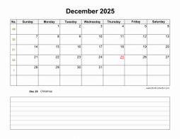 December 2025 Blank Calendar (horizontal, space for notes)