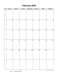 February 2025 Blank Calendar (US Holidays, vertical)