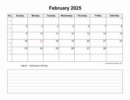February 2025 Blank Calendar (horizontal, space for notes)