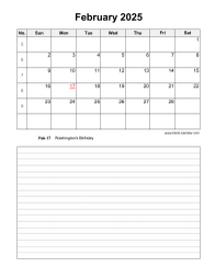 February 2025 Blank Calendar (vertical, space for notes)