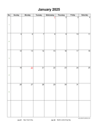 January 2025 Blank Calendar (US Holidays, vertical)