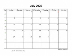July 2025 Blank Calendar (horizontal)