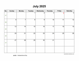 July 2025 Blank Calendar with US Holidays (horizontal)