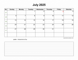 July 2025 Blank Calendar (horizontal, space for notes)