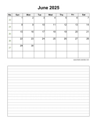 June 2025 Blank Calendar (vertical, space for notes)