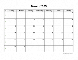 March 2025 Blank Calendar with US Holidays (horizontal)