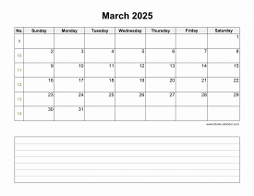 March 2025 Blank Calendar (horizontal, space for notes)