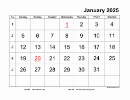 Monthly 2025 calendar with large font design, landscape orientation (horizontal)