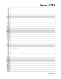 Monthly 2025 calendar, days vertically, space for appointment