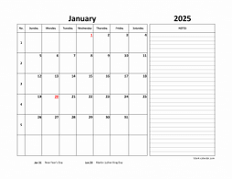 Monthly 2025 calendar with week numbers, space for notes on the right