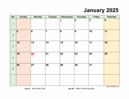 Monthly 2025 calendar with space for notes