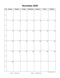 November 2025 Blank Calendar (US Holidays, vertical)