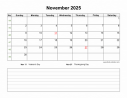 November 2025 Blank Calendar (horizontal, space for notes)
