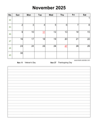 November 2025 Blank Calendar (vertical, space for notes)