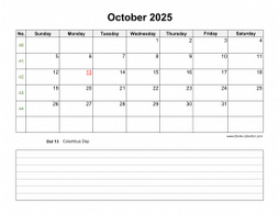 October 2025 Blank Calendar (horizontal, space for notes)