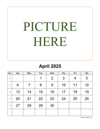 Printable April 2025 Calendar, pictures can be placed at the top