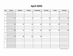 Printable April 2025 Calendar, large box grid, space for notes (horizontal)