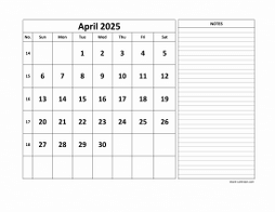 Printable April 2025 Calendar, large space for appointment and notes (horizontal)