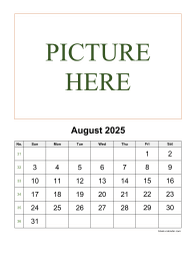 Printable August 2025 Calendar, pictures can be placed at the top