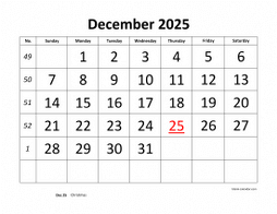 Printable December 2025 Calendar, large font design , holidays on red (horizontal)