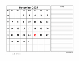 Printable December 2025 Calendar, large space for appointment and notes (horizontal)