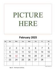 February 2025 printable calendar, pictures can be placed at the top
