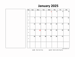 Printable January 2025 Calendar, large box, Federal Holidays listed, space for notes (horizontal)